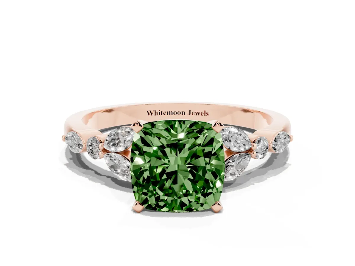 Fancy Green Cushion Cut Diamond Solitaire Ring with Side Stones and Four-Prong Setting Rose gold