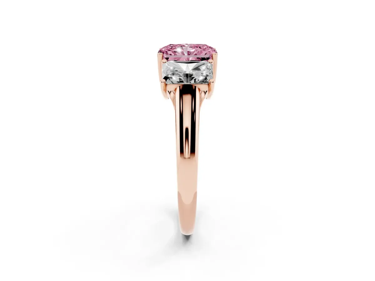 Fancy Pink Three-Stone Radiant Cut Diamond Engagement Ring with Prong Setting Rose gold