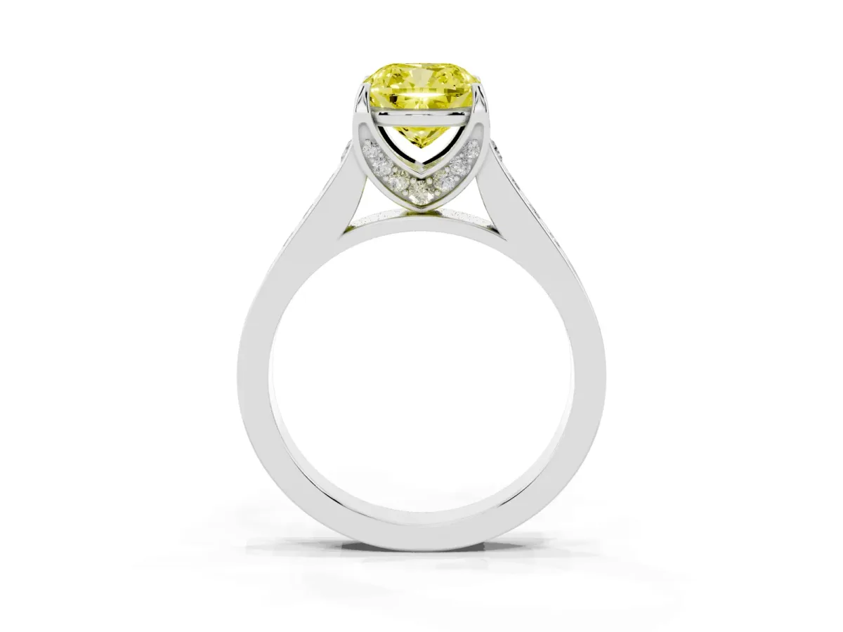 Fancy Yellow Cushion Cut Brilliant Cut Diamond Engagement Ring with Pavé Band and Four-Prong Setting Silver