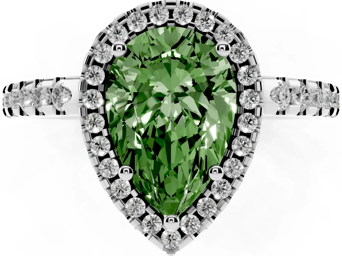 Fancy Green Pear Cut Diamond Halo Engagement Ring with Pavé Band and Prong Setting Silver