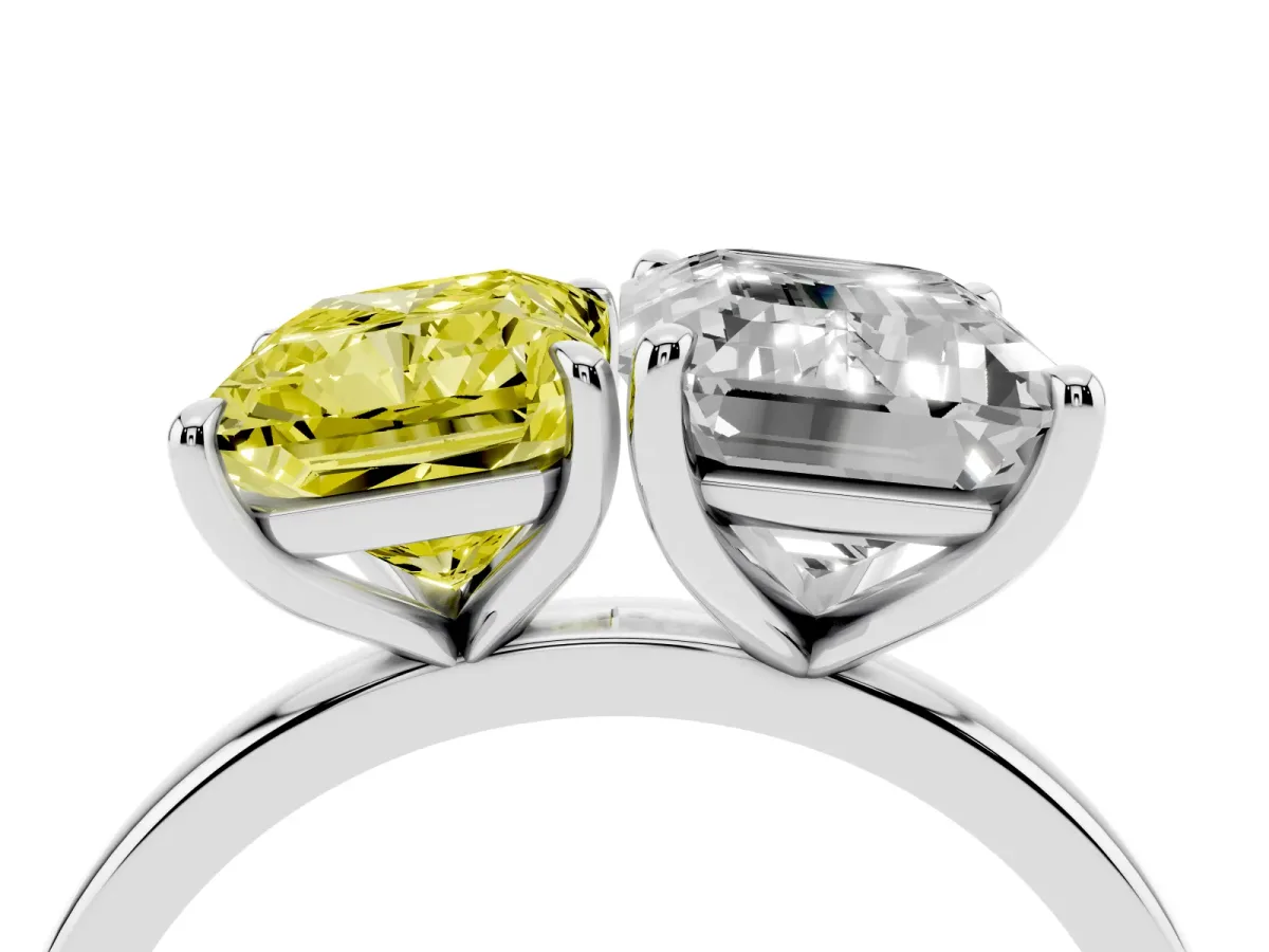 Fancy Yellow Radiant Cut and Emerald Cut Toi Moi Ring with Prong Setting Silver