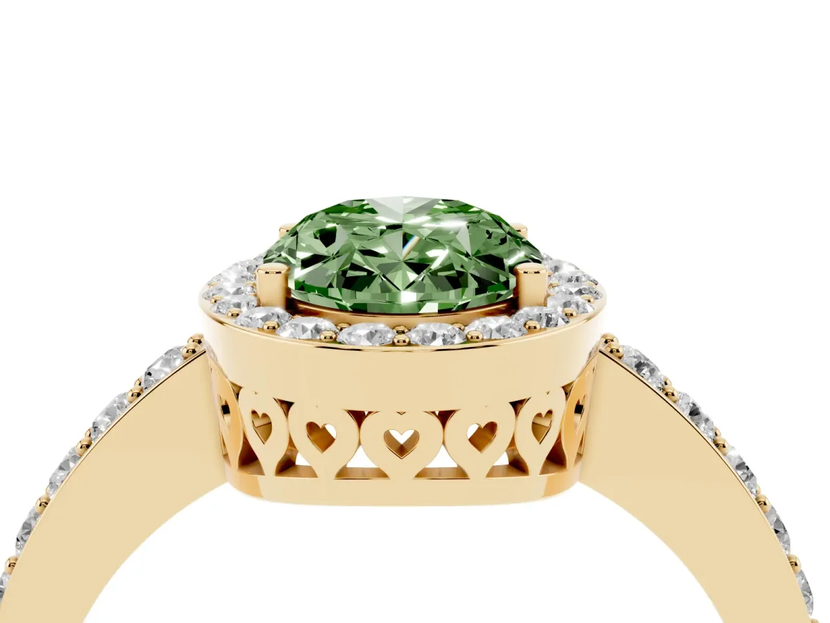 Fancy Green Oval Cut Halo Diamond Pavé Band Ring with Prong Setting Yellow gold