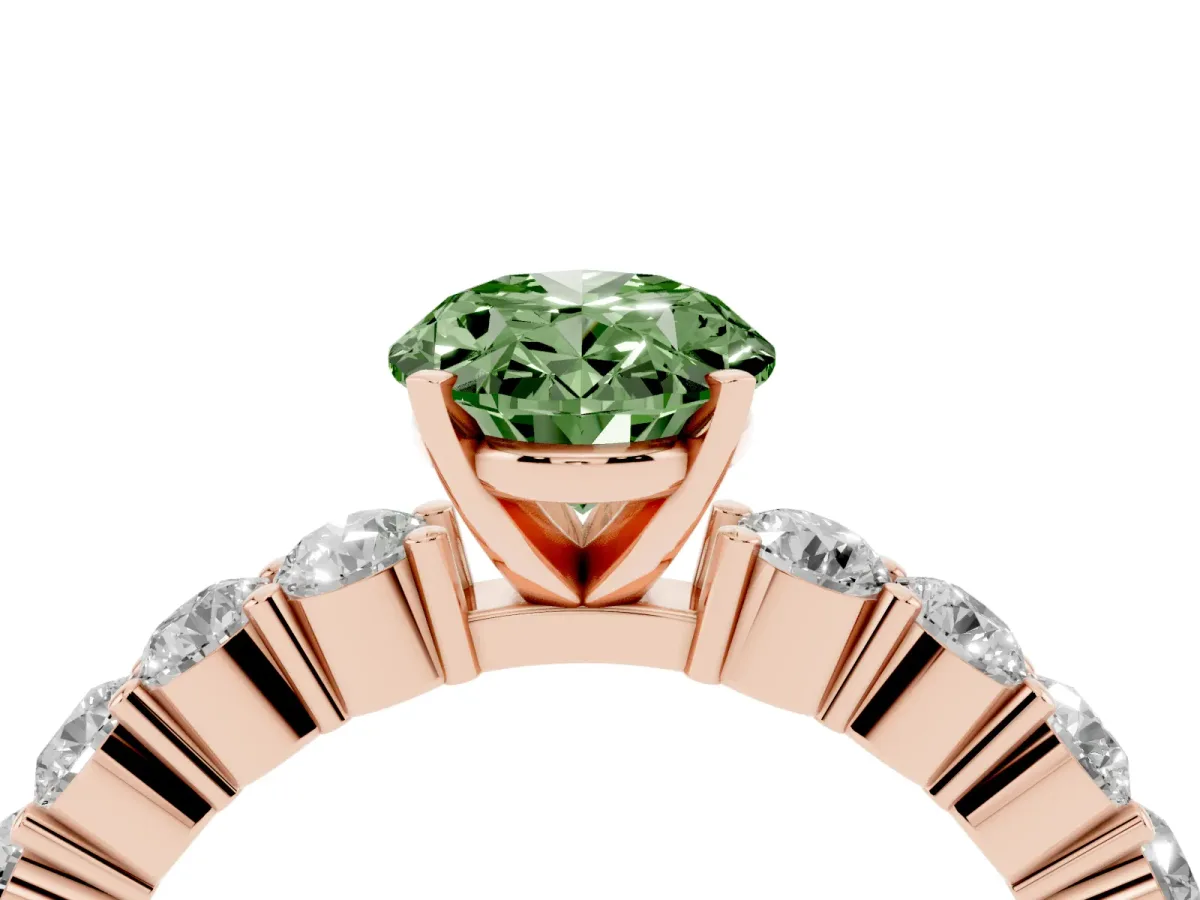 Fancy Green Oval Cut Diamond Solitaire Ring with Shared Prong Round Side Stones Rose gold