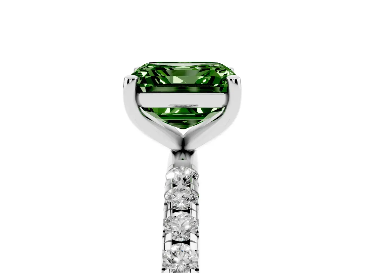 Fancy Green Asscher Cut Cut Diamond Solitaire Ring with Micro Pave Band and Four Prong Setting Platinum