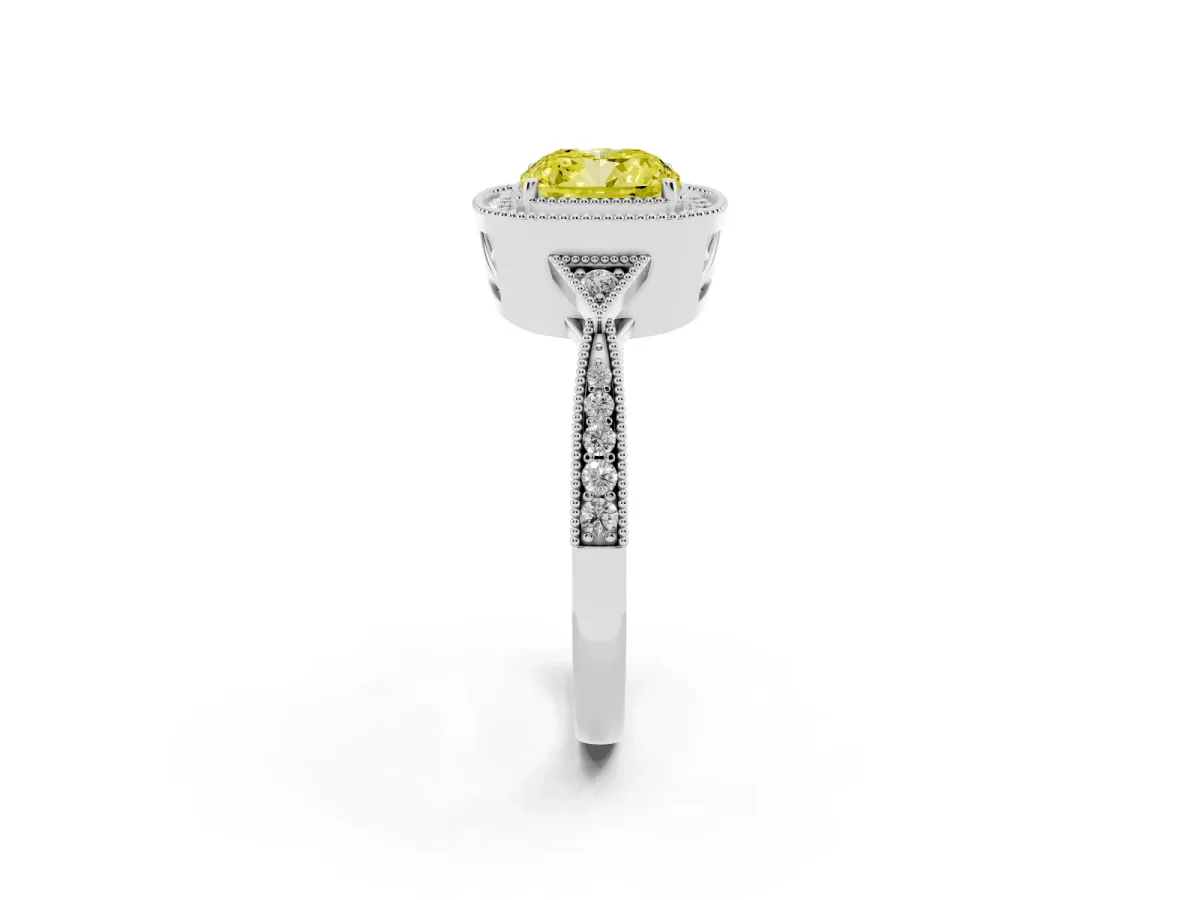 Fancy Yellow Cushion Cut Halo Round Diamond Milgrain Pave Engagement Ring Silver