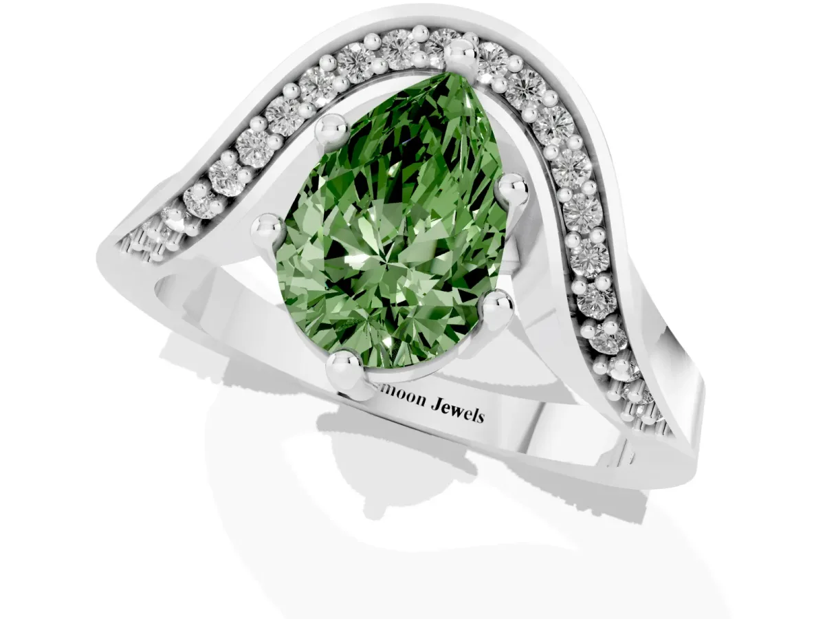 Fancy Green Pear Cut Solitaire Diamond Engagement Ring with Pave Band and Four-Prong Setting White gold