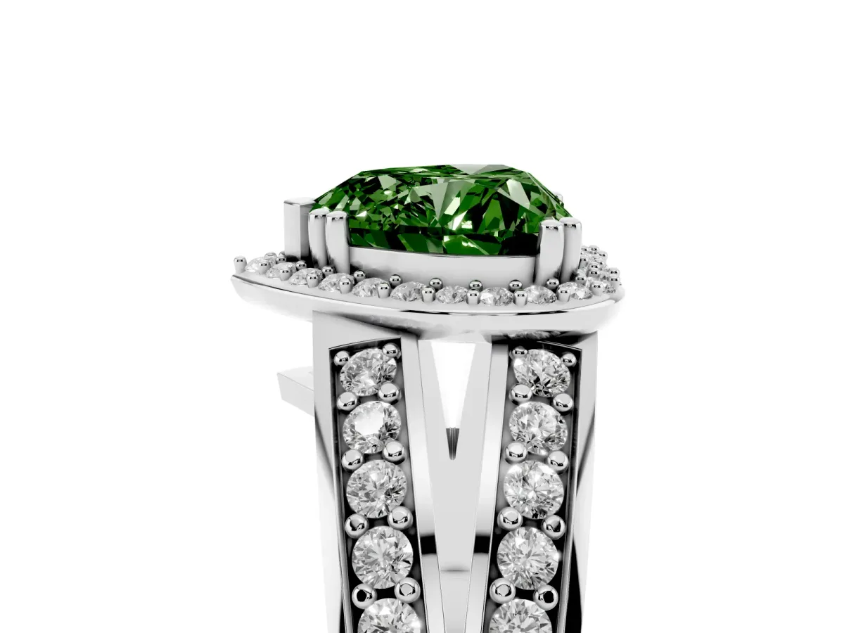 Fancy Green Heart Cut Diamond Halo Ring with Split Shank Pavé Band and Four-Prong Setting Platinum