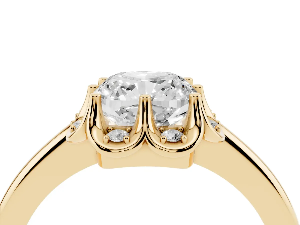 Cushion Cut Halo Diamond Ring with Round Cluster Setting, Solitaire Band, and Four-Prong Setting Yellow gold