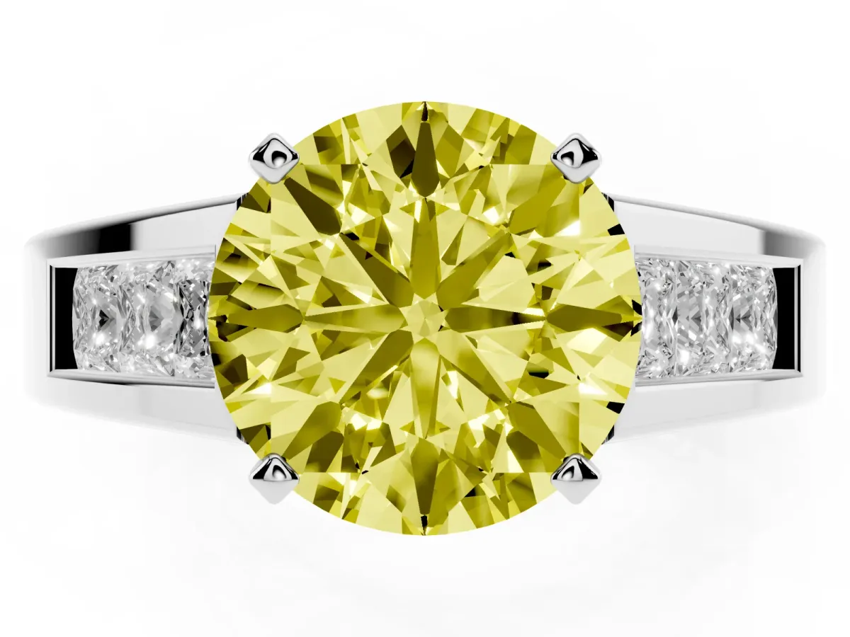 Fancy Yellow Round Cut Cut Channel Set Solitaire Ring with Four-Prong Setting Silver