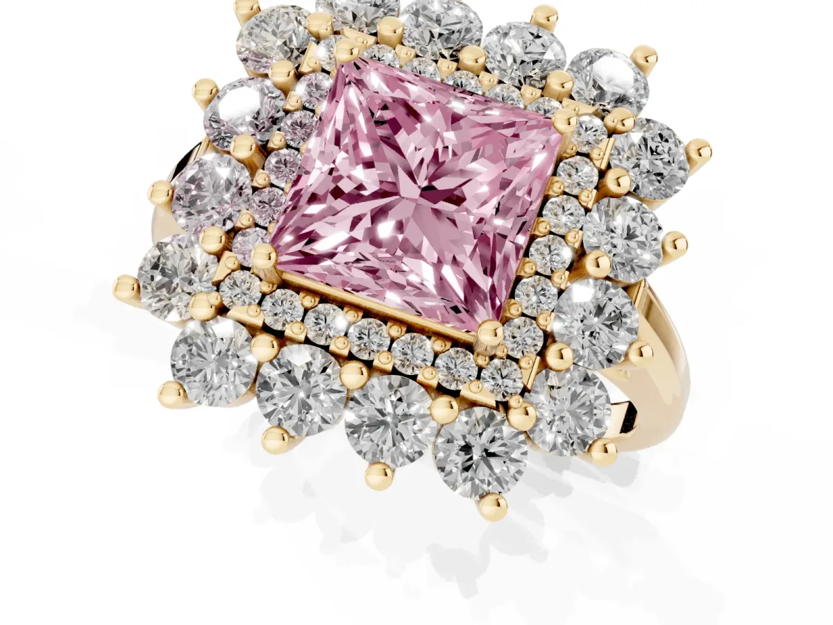 Fancy Pink Princess Cut Diamond Floral Double Halo Engagement Ring with Prong Setting Yellow gold