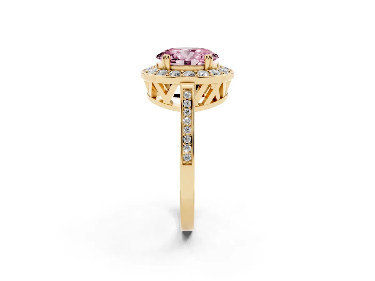Fancy Pink Oval Cut Diamond Halo Ring with Split Shank and Four-Prong Setting Yellow gold