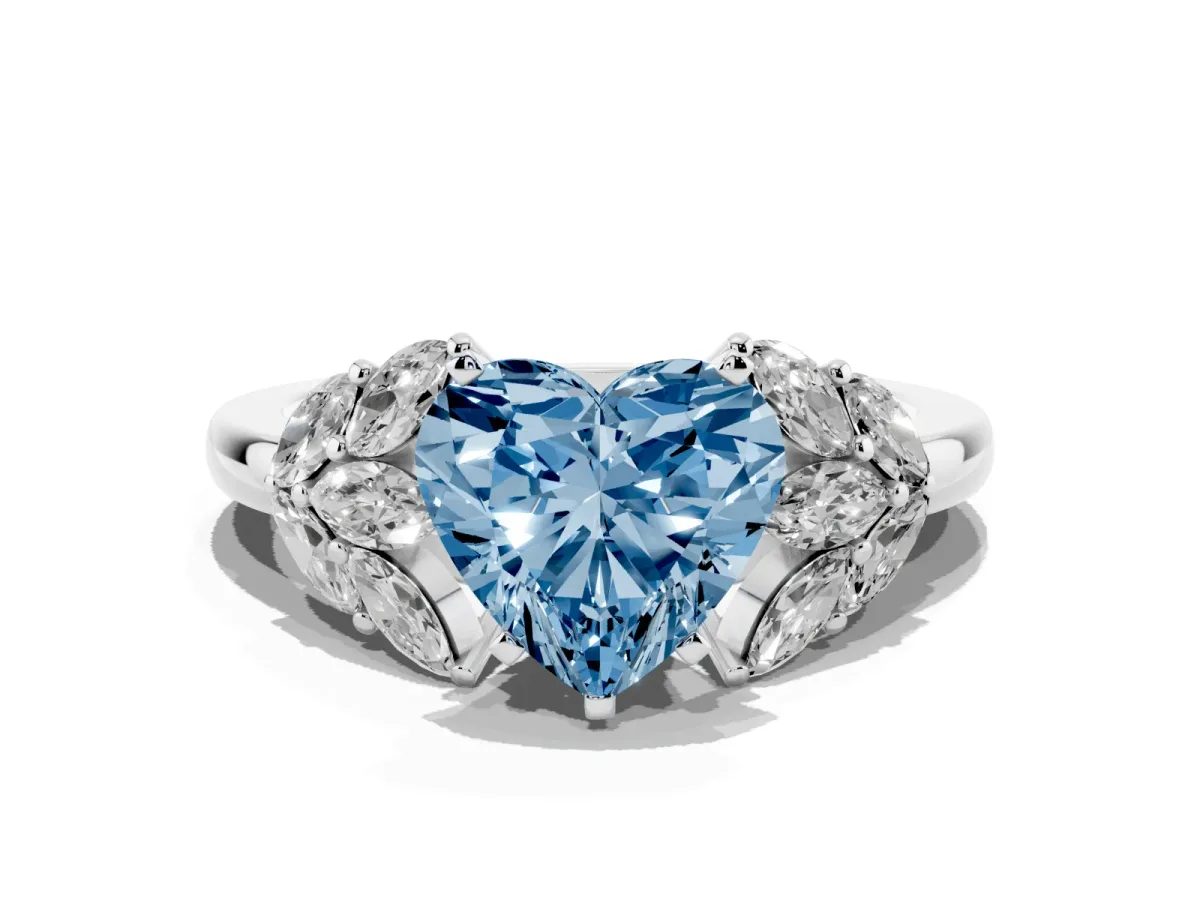 Fancy Blue Heart Cut Diamond Cluster Leaf Design Ring with Prong Setting Platinum