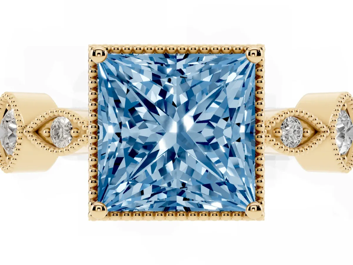 Fancy Blue Princess Cut Diamond Vintage Milgrain Ring with Round Stations Yellow gold
