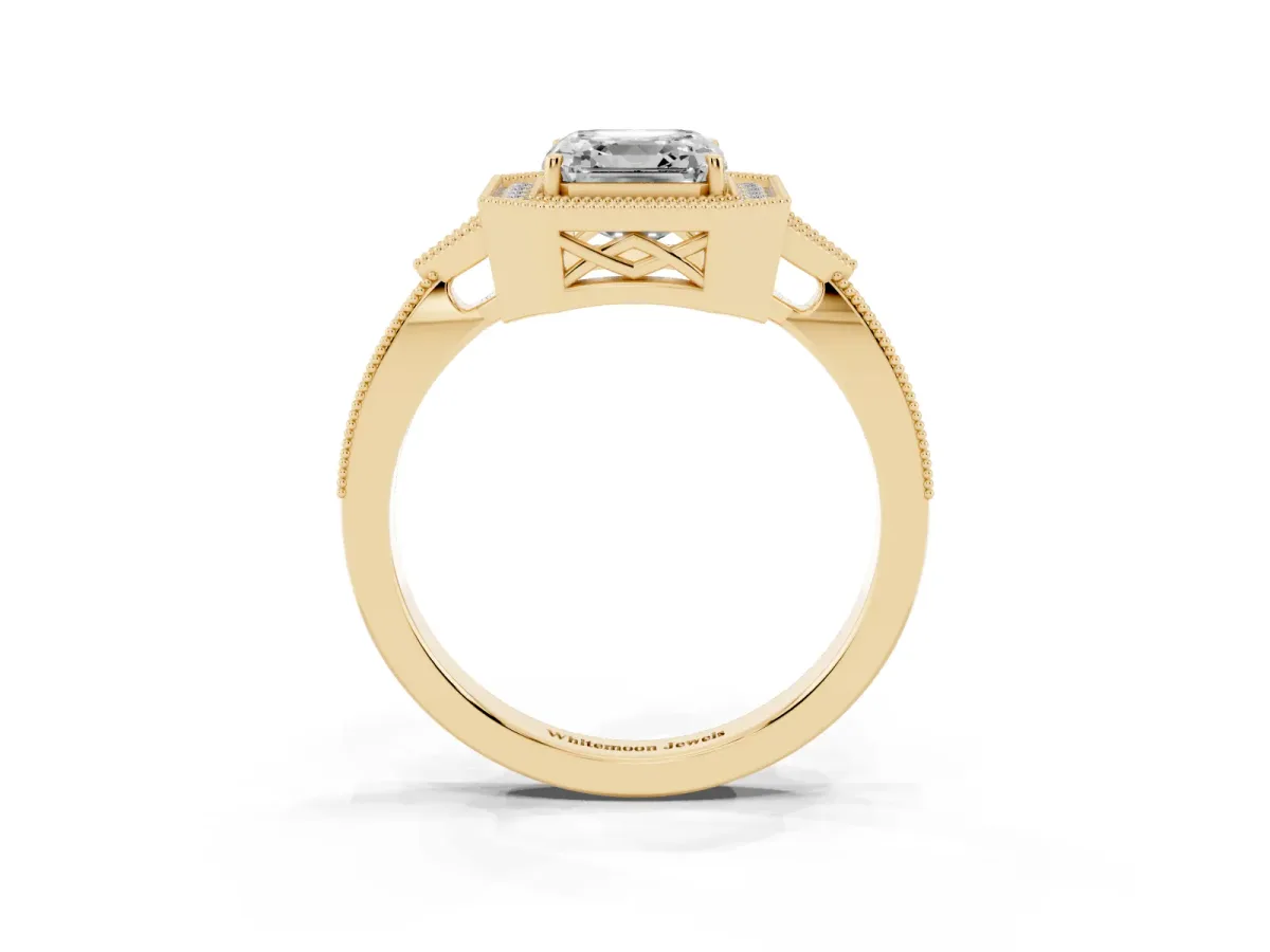 Asscher Cut Halo Round Diamond Milgrain Pave Engagement Ring Yellow gold
