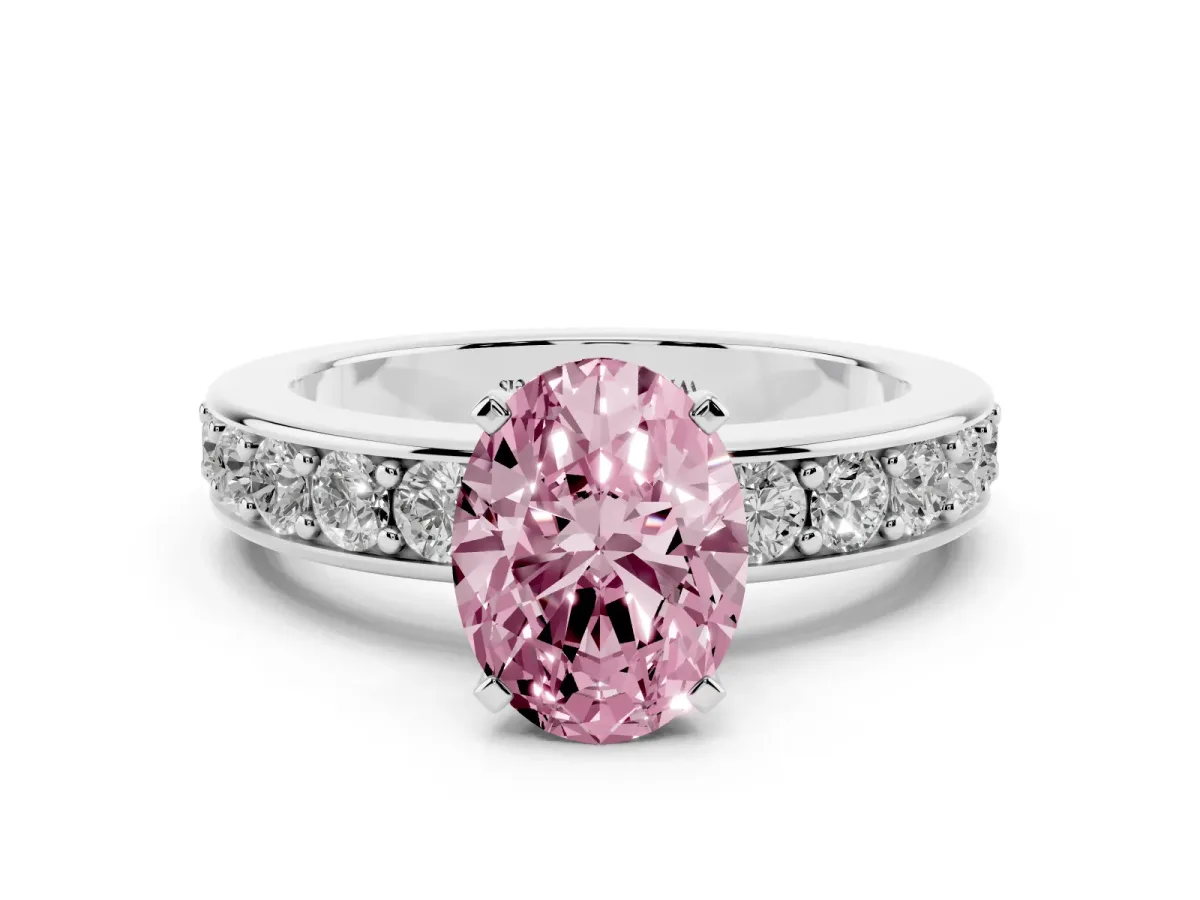 Fancy Pink Oval Cut Diamond Engagement Ring with Channel Set Round Band and Prong Setting Silver
