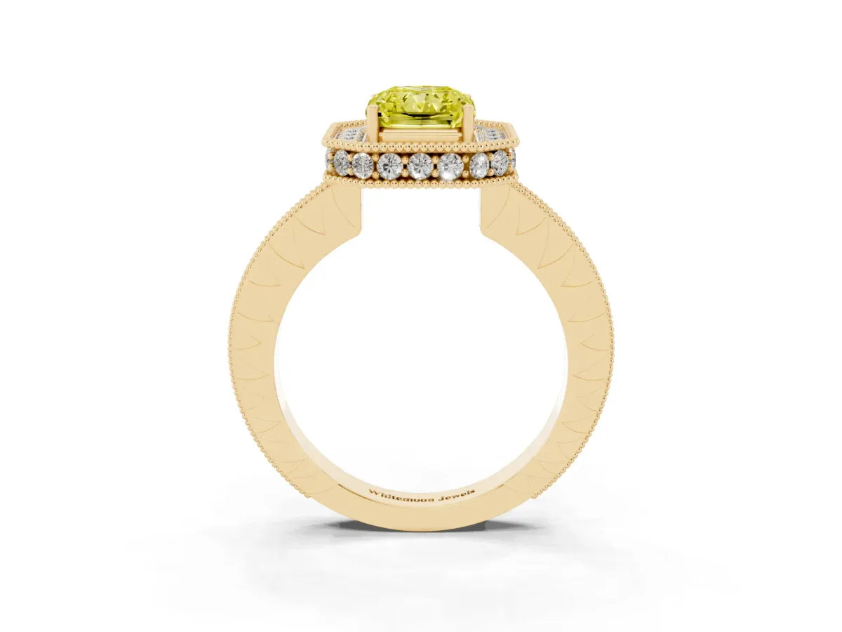 Fancy Yellow Radiant Cut Diamond Milgrain Halo Engagement Ring with Round Pavé Band and Prong Setting Yellow gold