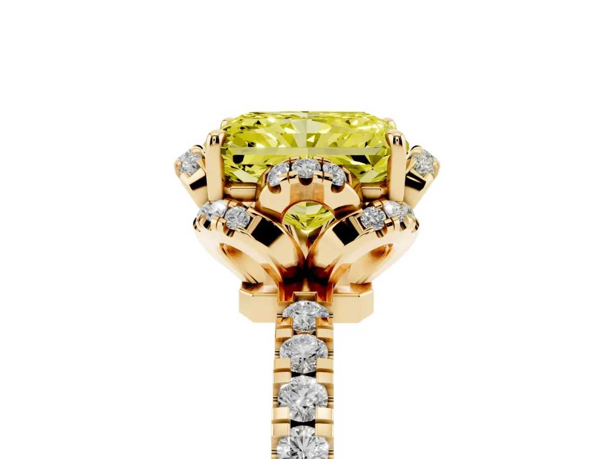 Fancy Yellow Radiant Cut Diamond Halo Pave Band with Four-Prong Setting Yellow gold