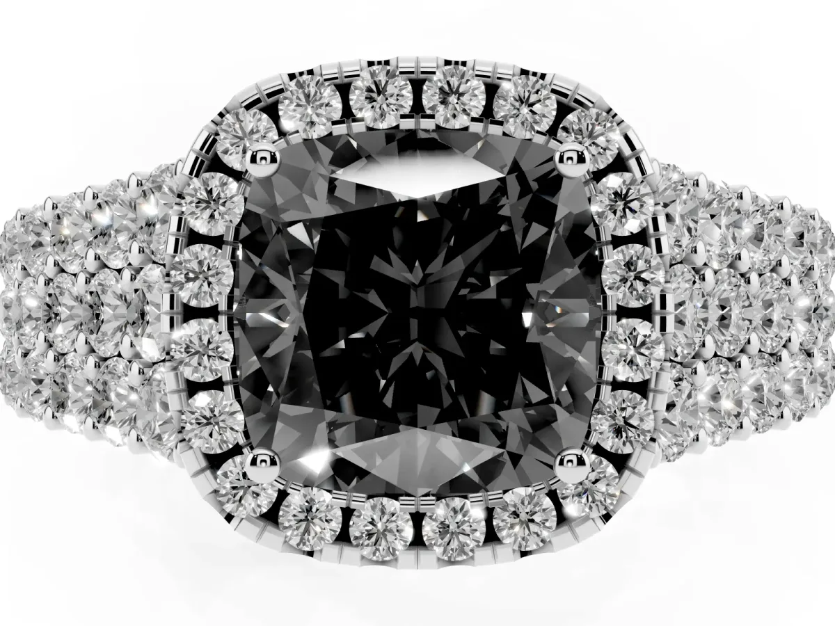 Fancy Black Cushion Cut Diamond Halo Engagement Ring with Triple Row Round Pavé Band and Prong Setting Silver