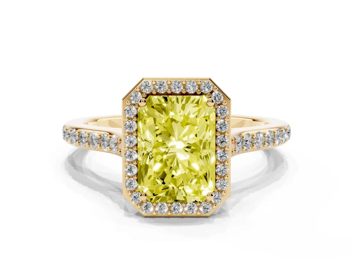 Fancy Yellow Radiant Cut Diamond Halo Engagement Ring with Round Pavé Shoulders and Prong Setting Yellow gold
