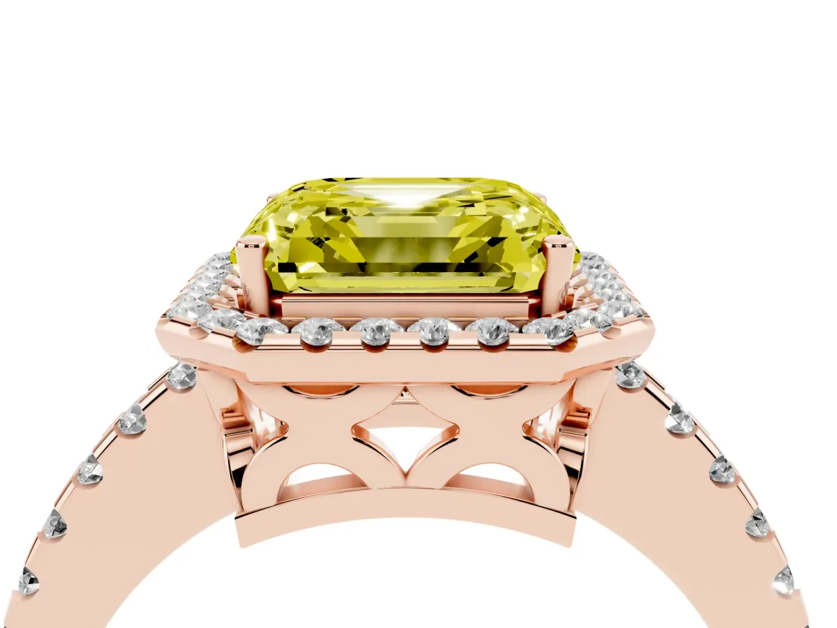 Fancy Yellow Asscher Cut Diamond Halo Engagement Ring with Pavé Band and Prong Setting Rose gold