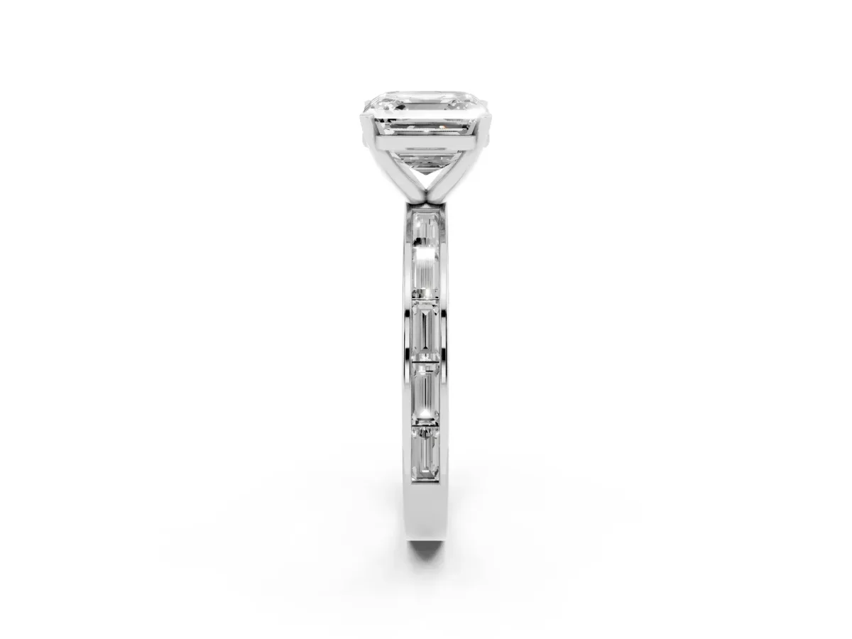 Asscher Cut Solitaire Diamond Ring with Channel-Set Baguette Band and Four-Prong Setting White gold
