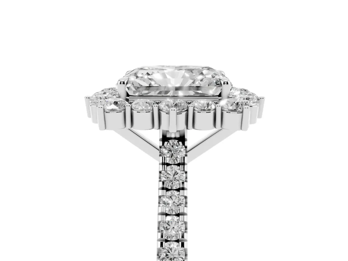 Radiant Cut Halo Diamond Ring with Pavé Band and Prong Setting Platinum