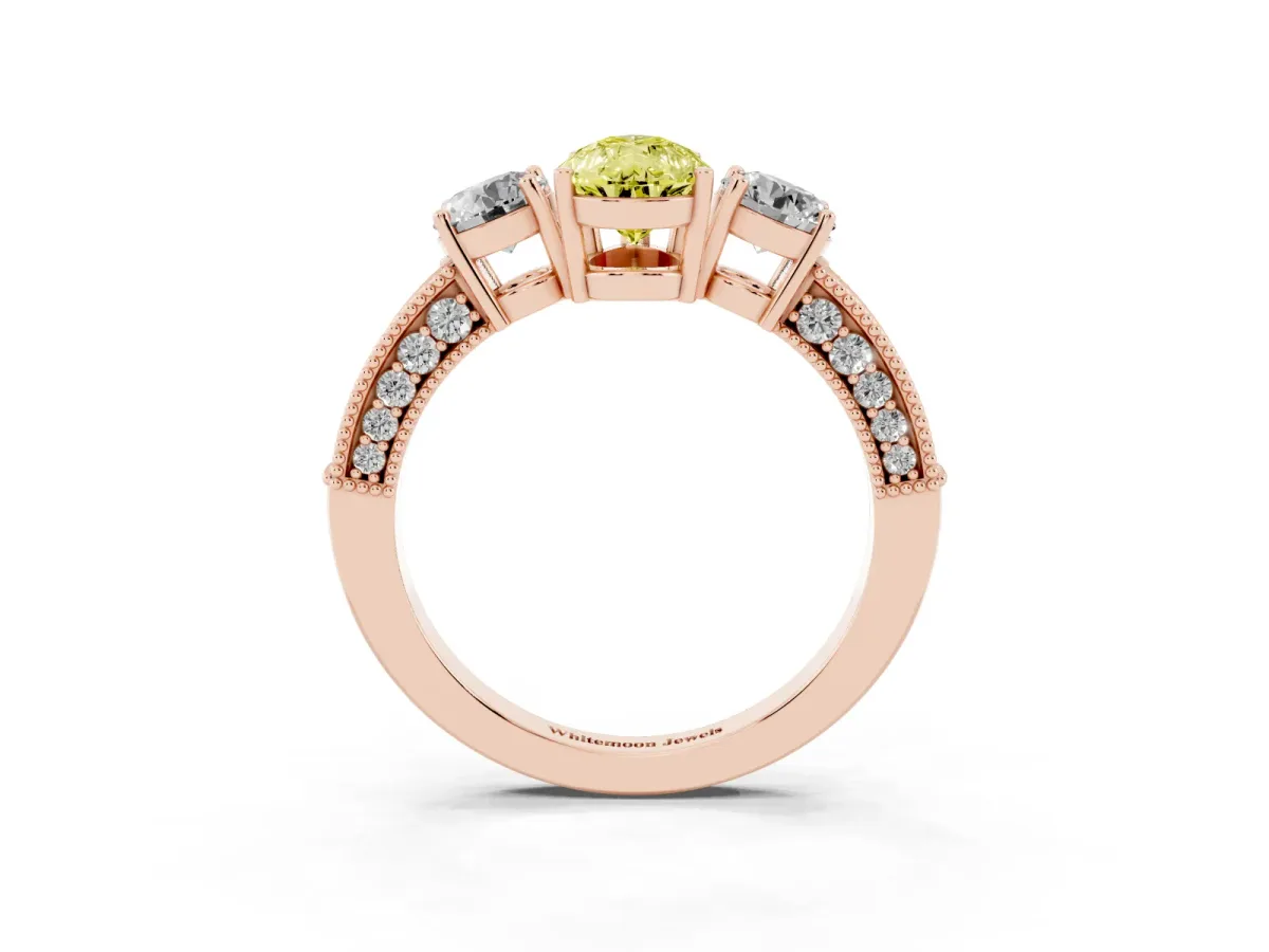 Fancy Yellow Pear Cut Three-Stone Diamond Ring with Pavé Band and Four-Prong Setting Rose gold