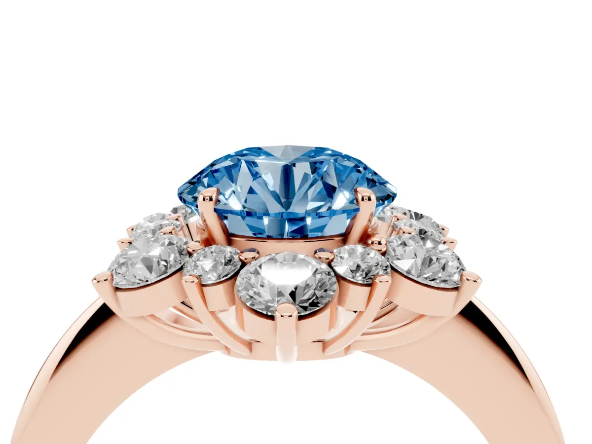 Fancy Blue Round Cut Diamond Cluster Halo Ring with Solitaire Band and Four-Prong Setting Rose gold