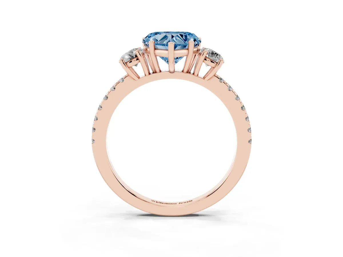 Fancy Blue Three-Stone Heart Cut Cut Diamond Pavé Band with Prong Setting Rose gold