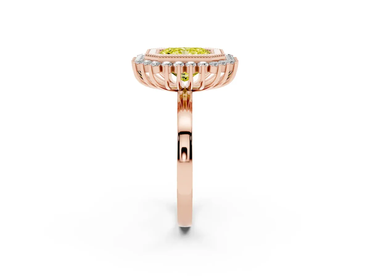 Fancy Yellow Radiant Cut Halo Diamond Ring with Milgrain Edge and Round Prong Setting Rose gold