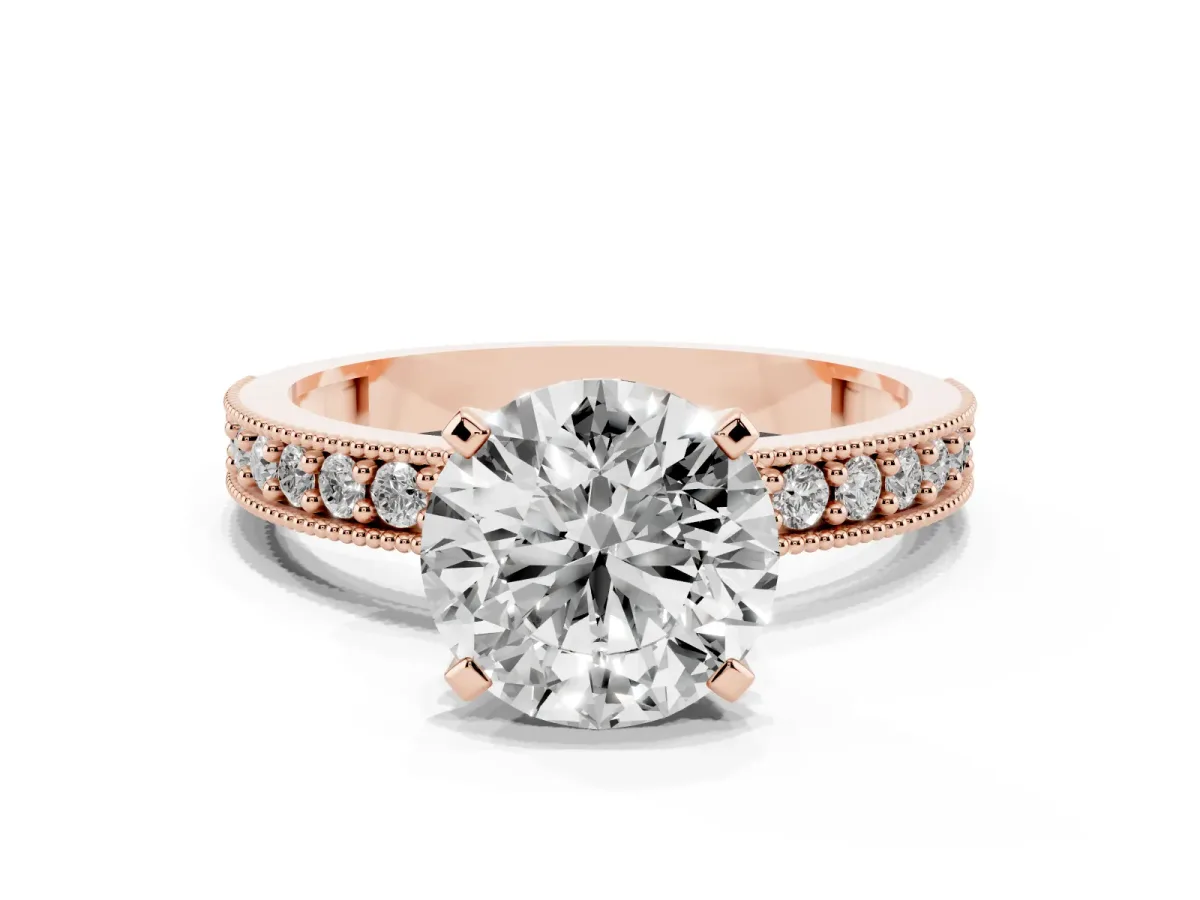 Round Cut Diamond Milgrain Pavé Engagement Ring with Four-Prong Setting Rose gold