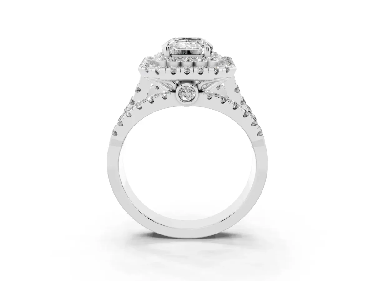 Emerald Cut Diamond Double Halo Ring with Round Pavé Split Shank and Prong Setting Platinum