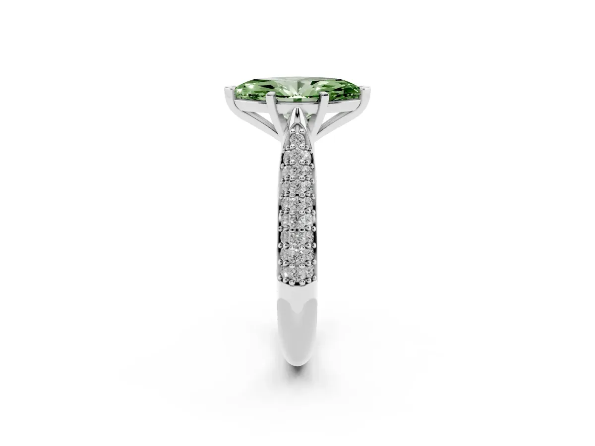 Fancy Green Marquise Cut Diamond Solitaire Engagement Ring with Multi-Row Round Pavé Band and Prong Setting Silver