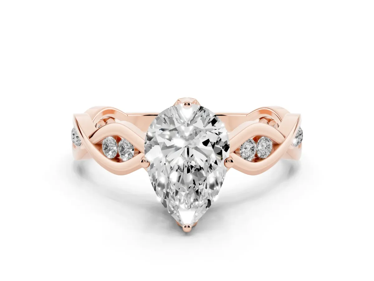 Pear Cut Solitaire Twist Band with Leaf Prong Setting Rose gold