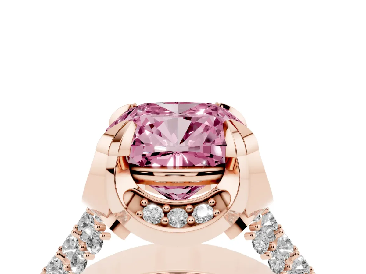 Fancy Pink Cushion Cut Solitaire Pave Split Shank Ring with Four-Prong Setting Rose gold