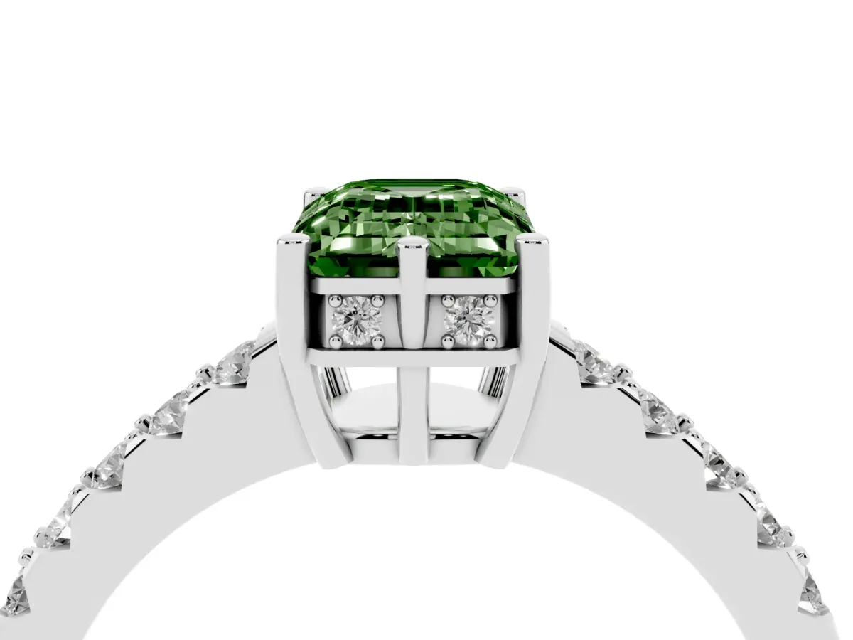 Fancy Green Emerald Cut Solitaire Diamond Engagement Ring with Pavé Band and Six-Prong Setting Silver