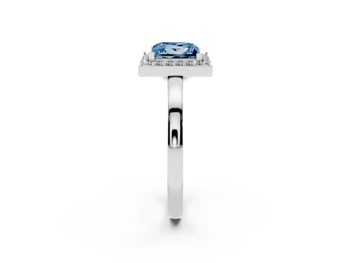 Fancy Blue Princess Cut Halo Diamond Ring with Solitaire Band and Prong Setting Silver