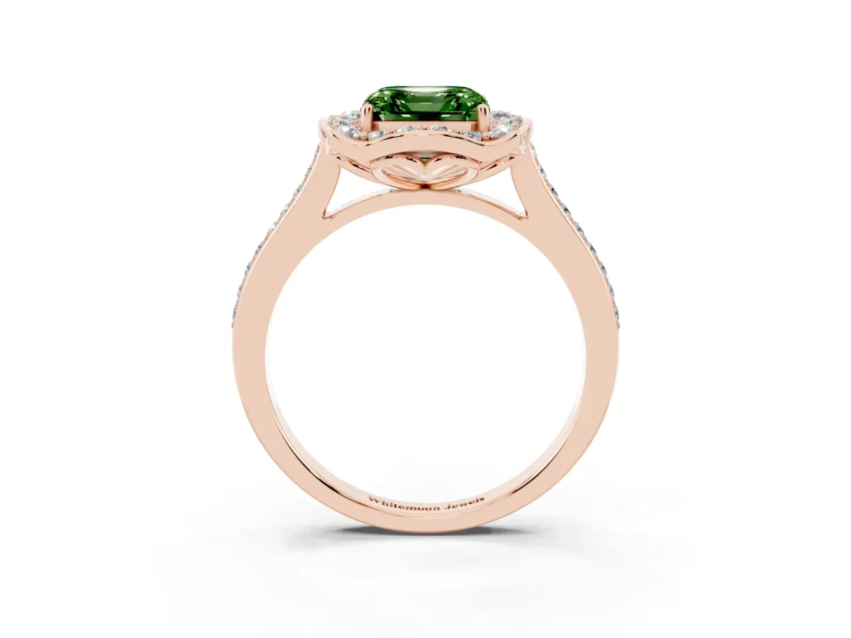 Fancy Green Asscher Cut Halo Round Diamond Pave Band with Four-Prong Setting Rose gold