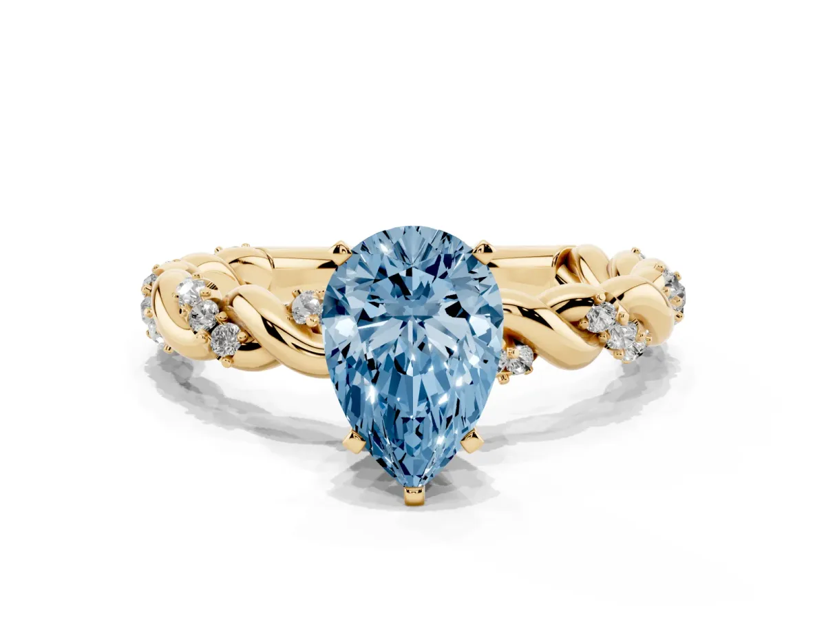 Fancy Blue Pear Cut Diamond Solitaire Ring with Twisted Band and Pavé Accents Yellow gold