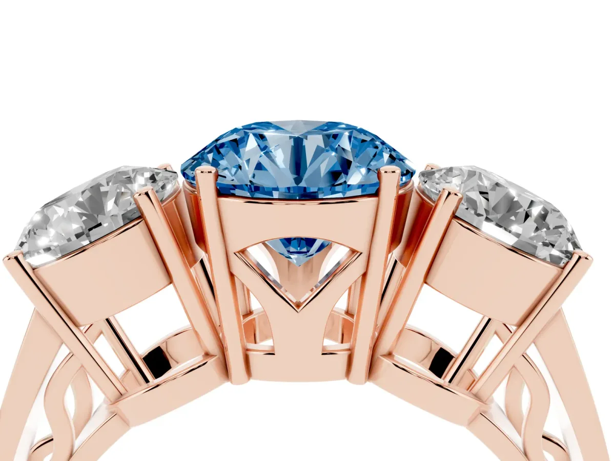 Fancy Blue Round Cut Diamond Three-Stone Ring with Prong Setting and Textured Band Rose gold