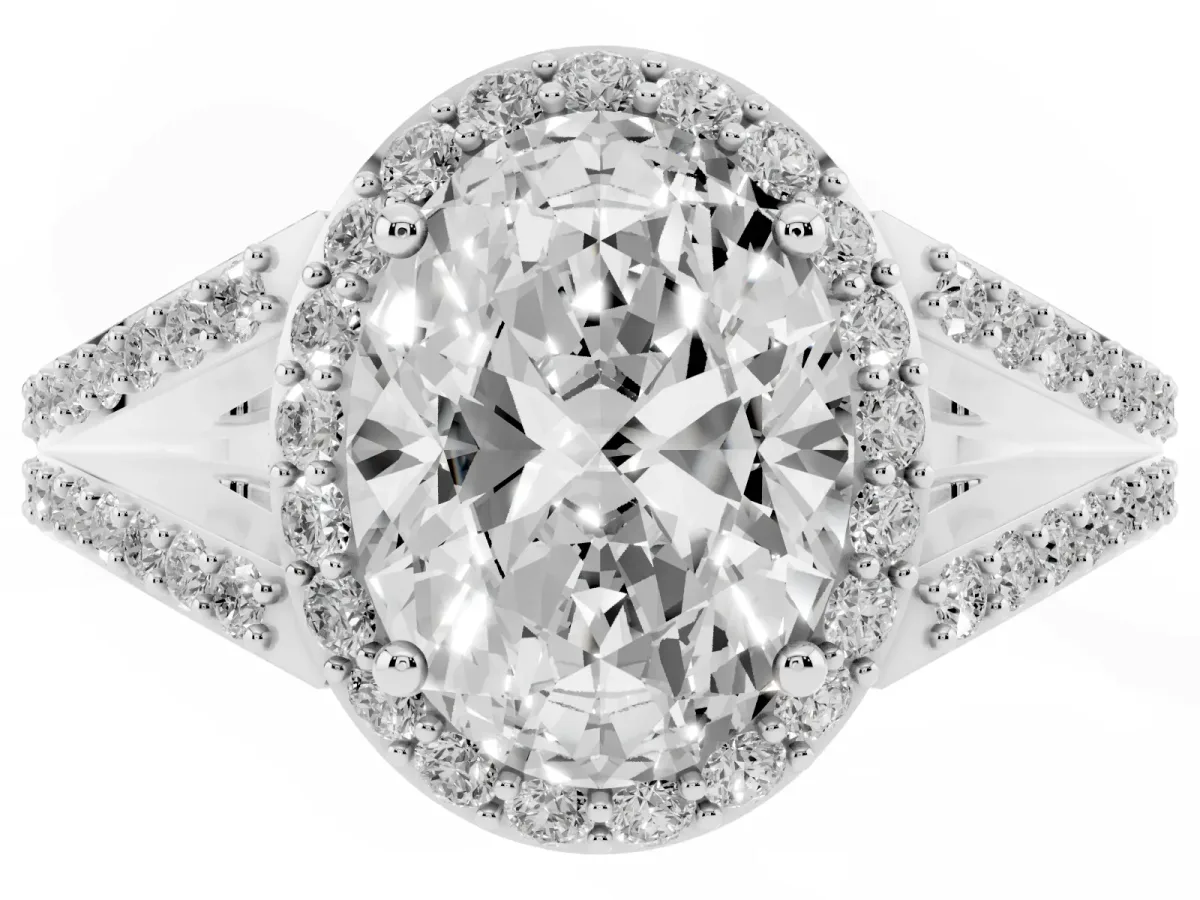 Oval Cut Halo Split Shank Diamond Ring with Prong Setting Platinum
