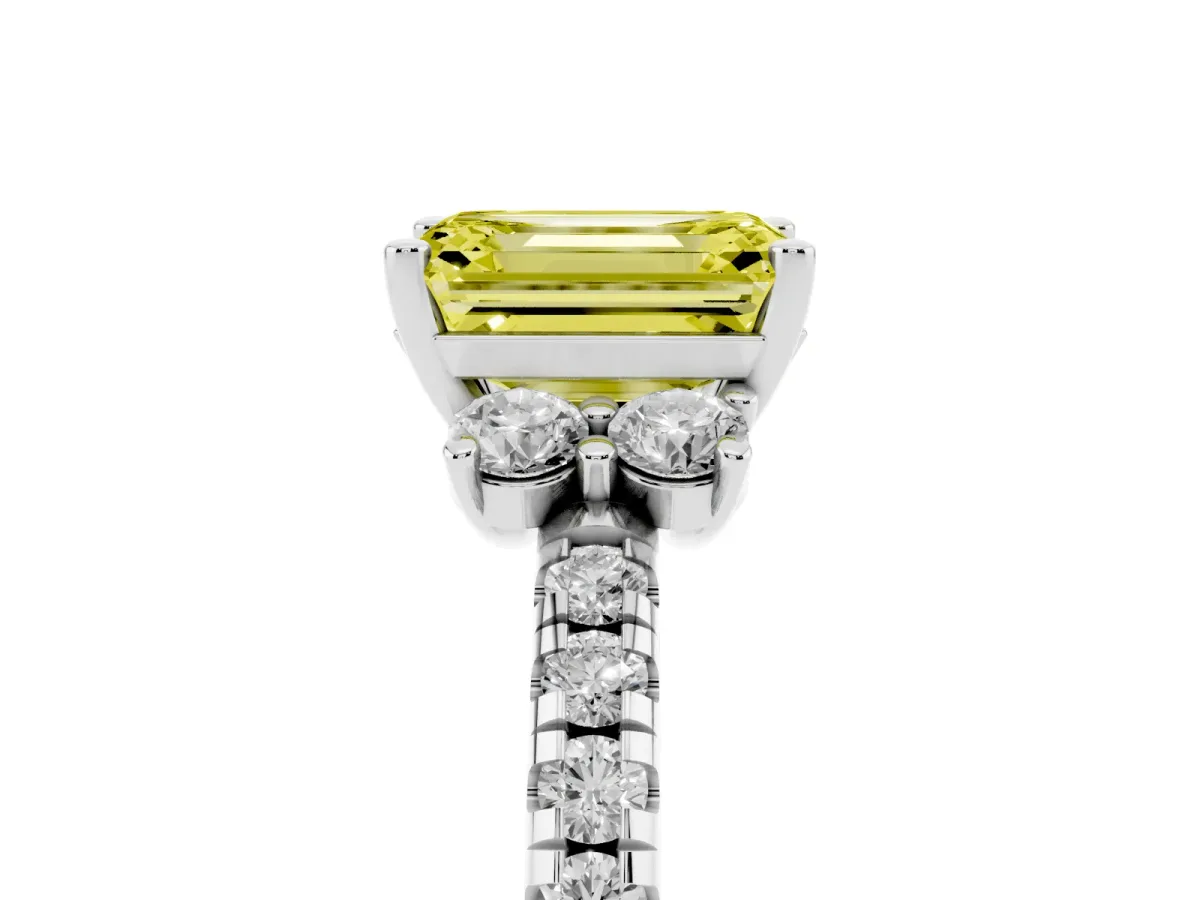 Fancy Yellow Emerald Cut Diamond Three-Stone Pave Band with Four-Prong Setting Platinum