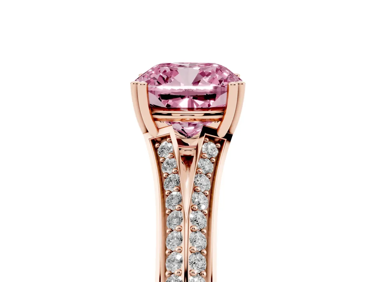 Fancy Pink Cushion Cut Diamond Split Shank Engagement Ring with Pavé Band Rose gold