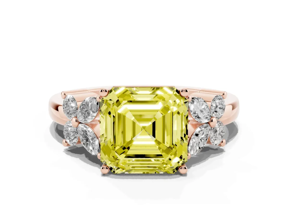 Fancy Yellow Asscher Cut Diamond Floral Cluster Ring with Solitaire Band and Prong Setting Rose gold