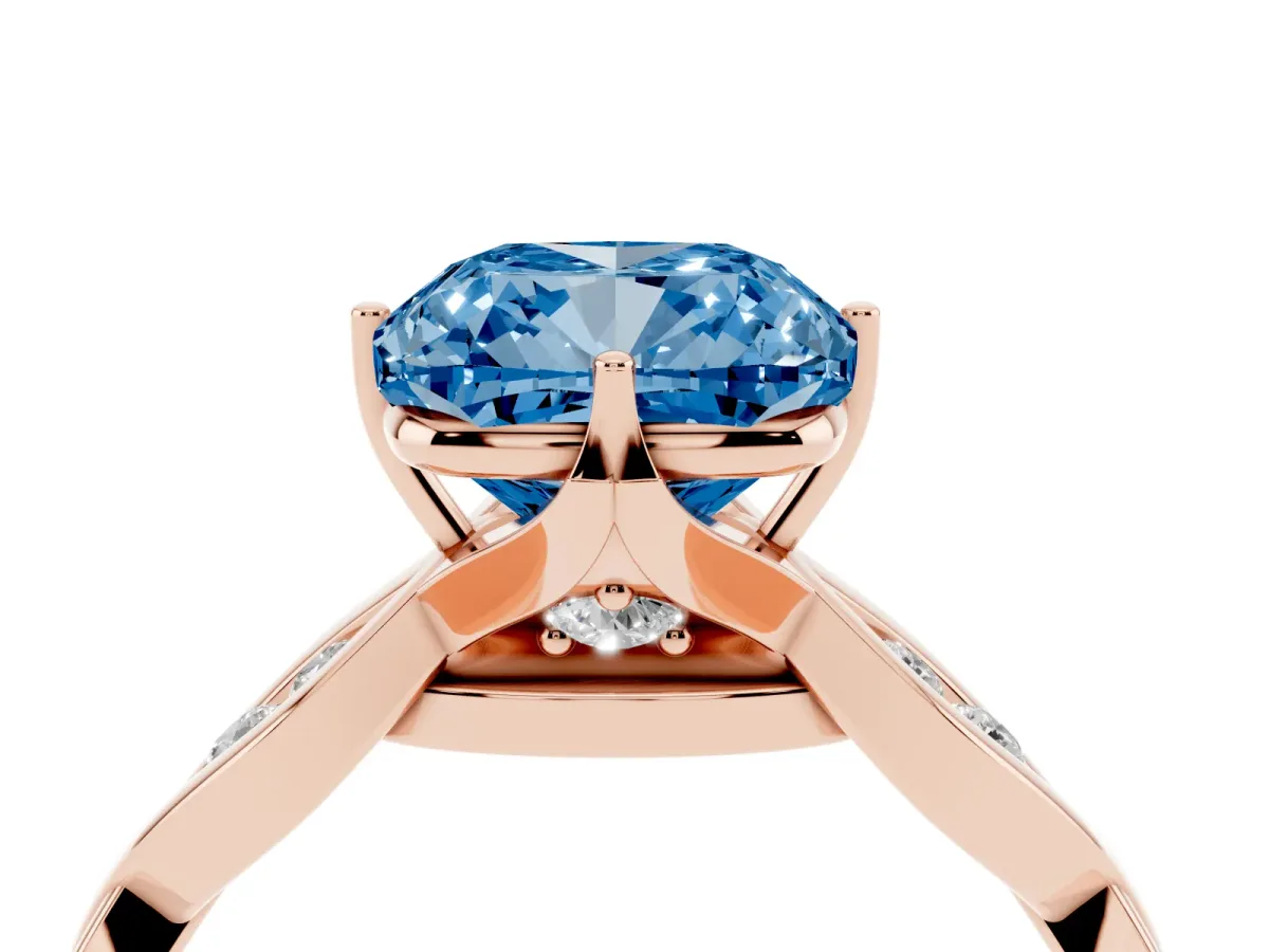 Fancy Blue Cushion Cut Solitaire Twist Band with Leaf Prong Setting Rose gold
