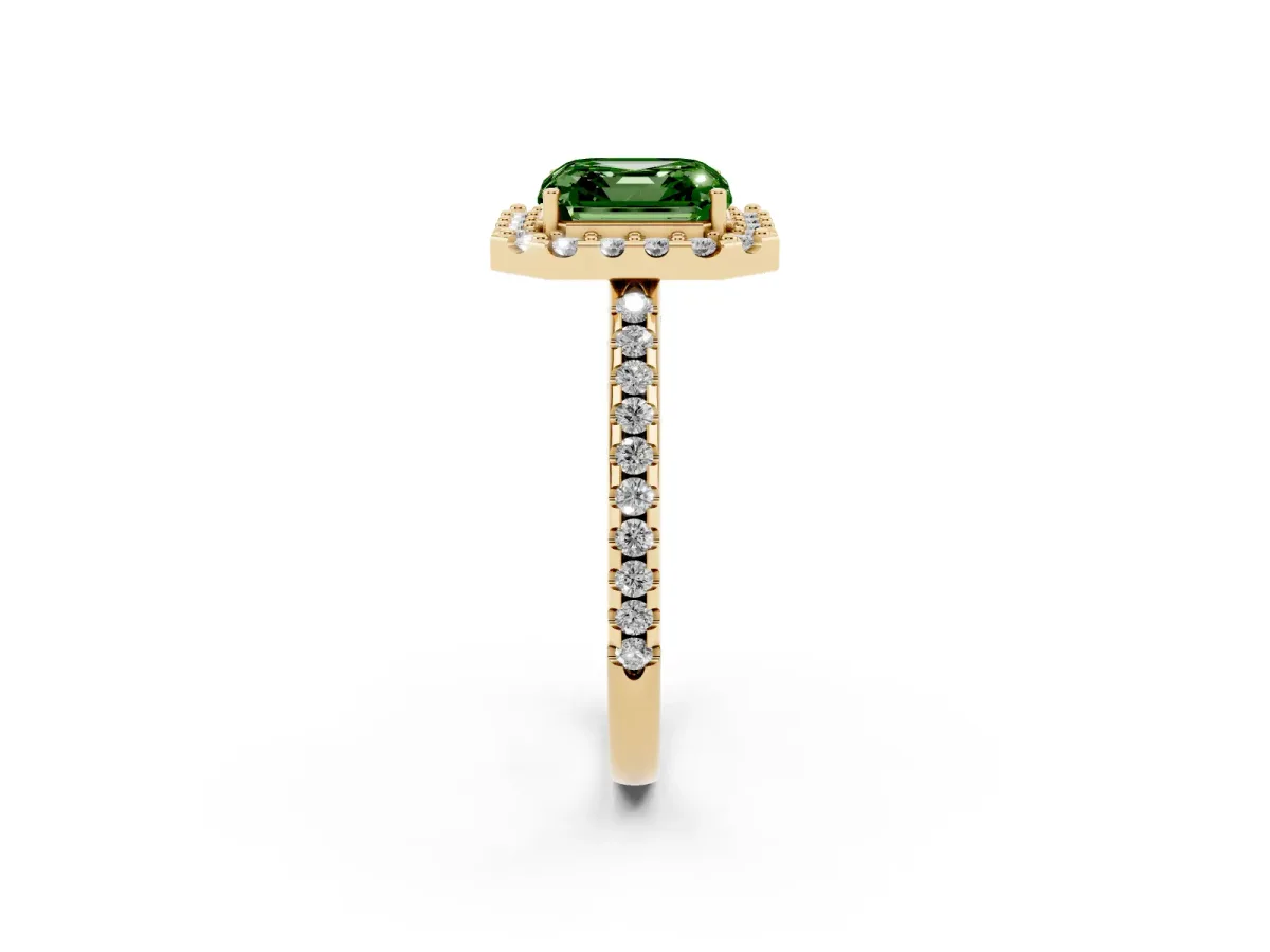 Fancy Green Asscher Cut Diamond Pavé Halo Ring with Four-Prong Setting Yellow gold