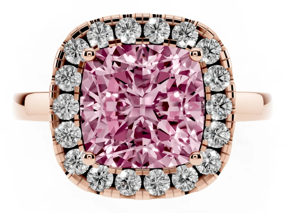 Fancy Pink Cushion Cut Halo Diamond Solitaire with Pavé Band and Four-Prong Setting Rose gold