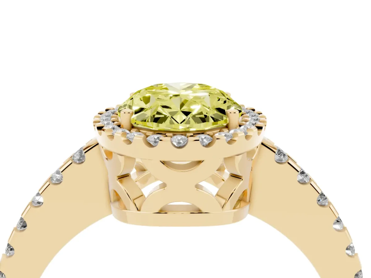 Fancy Yellow Oval Cut Diamond Halo Engagement Ring with Pavé Band and Prong Setting Yellow gold