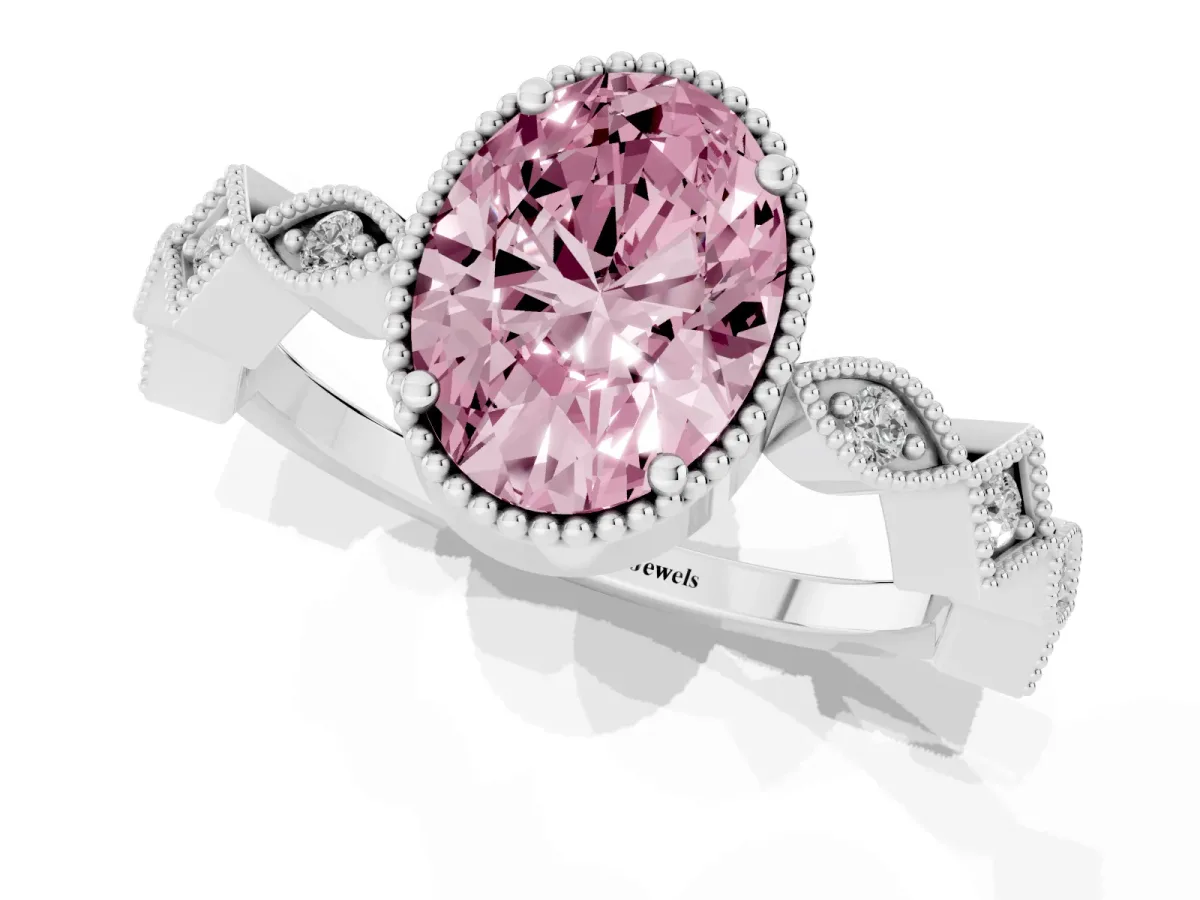 Fancy Pink Oval Cut Milgrain Marquise Diamond Twist Band Ring Silver