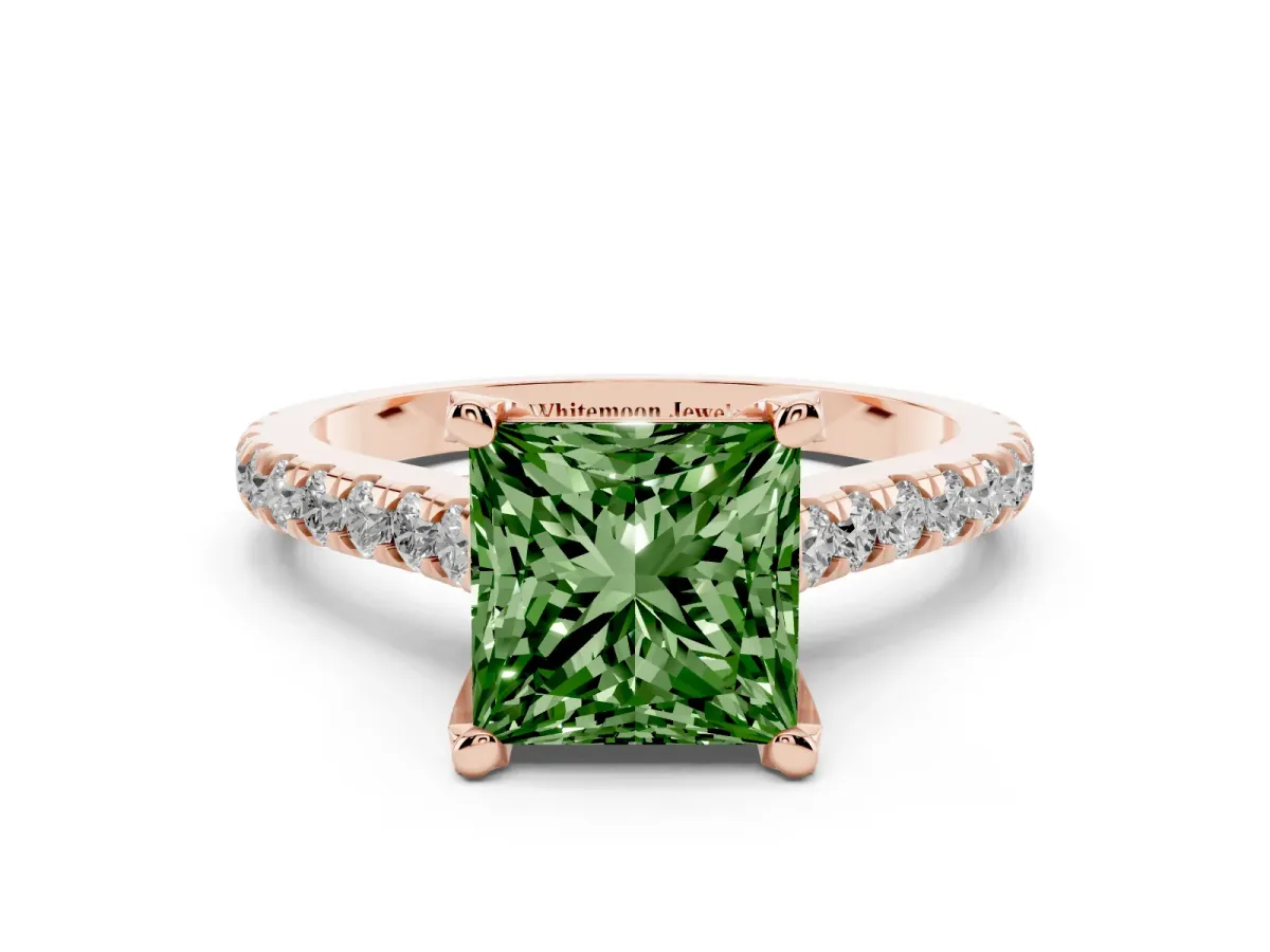 Fancy Green Princess Cut Brilliant Diamond Solitaire with Pavé Band and Four-Prong Setting Rose gold